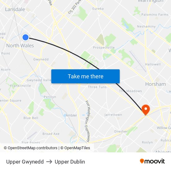 Upper Gwynedd to Upper Dublin map