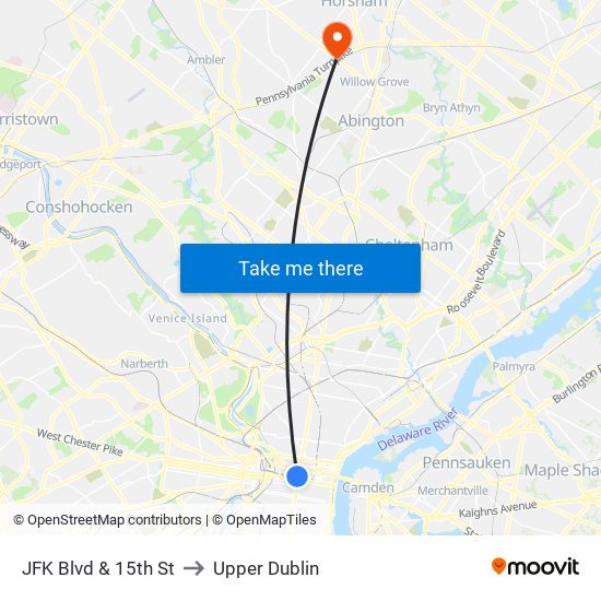 JFK Blvd & 15th St to Upper Dublin map