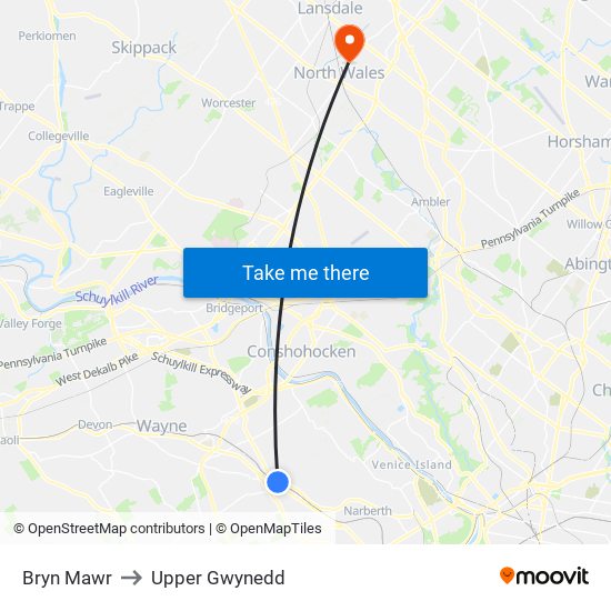 Bryn Mawr to Upper Gwynedd map