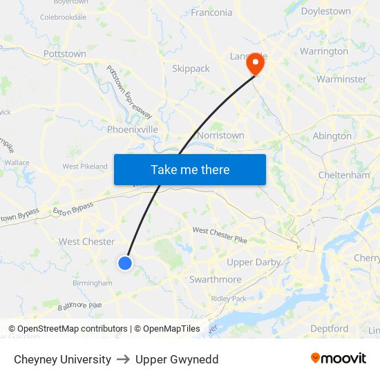 Cheyney University to Upper Gwynedd map