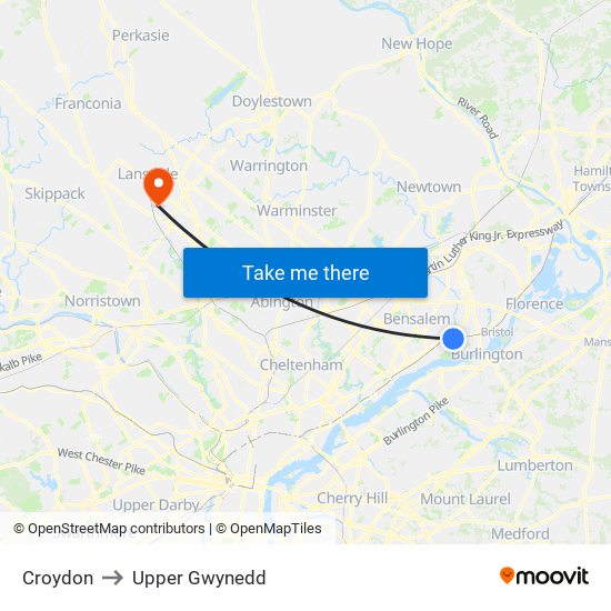 Croydon to Upper Gwynedd map