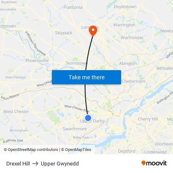 Drexel Hill to Upper Gwynedd map