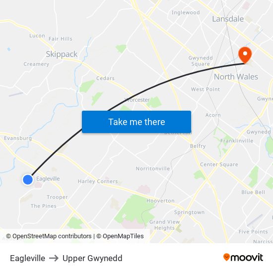 Eagleville to Upper Gwynedd map