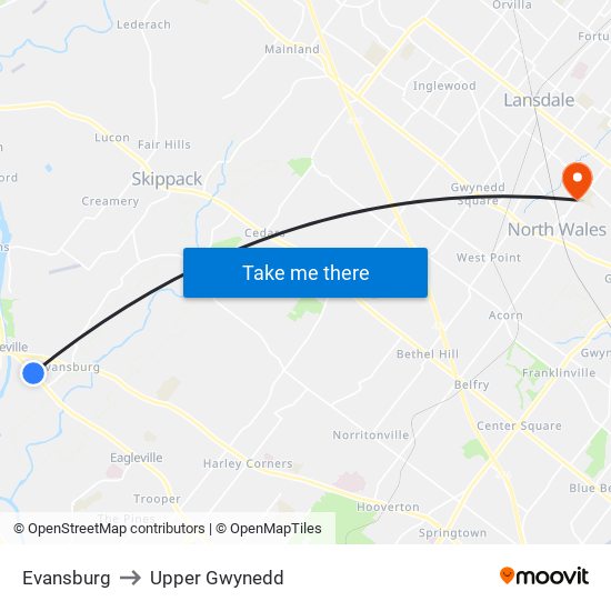 Evansburg to Upper Gwynedd map