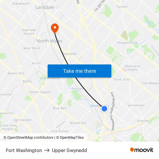 Fort Washington to Upper Gwynedd map