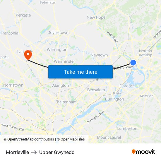 Morrisville to Upper Gwynedd map