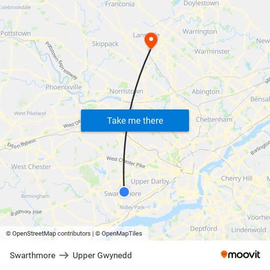 Swarthmore to Upper Gwynedd map