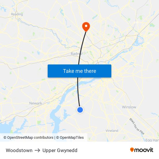 Woodstown to Upper Gwynedd map