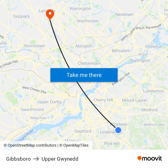 Gibbsboro to Upper Gwynedd map