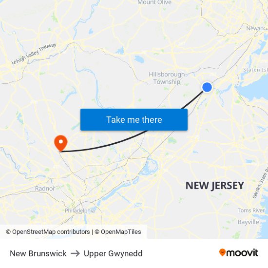 New Brunswick to Upper Gwynedd map