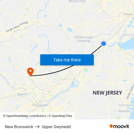 New Brunswick to Upper Gwynedd map