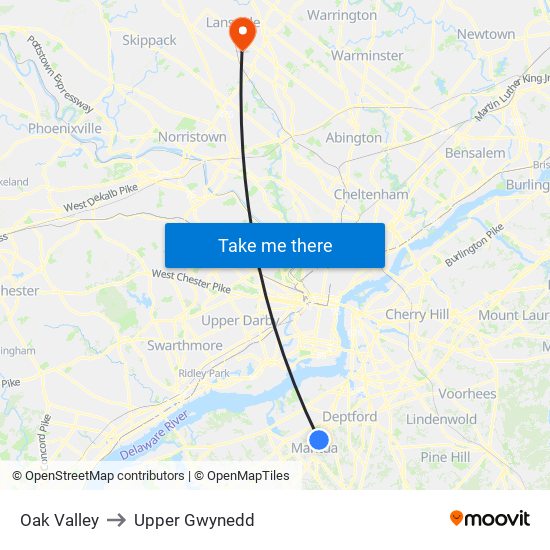 Oak Valley to Upper Gwynedd map