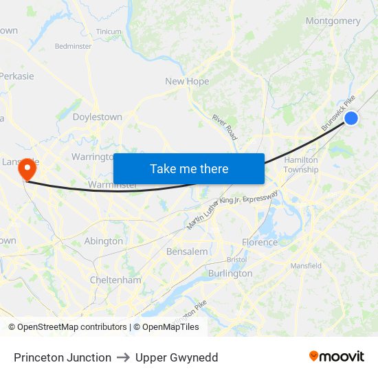 Princeton Junction to Upper Gwynedd map