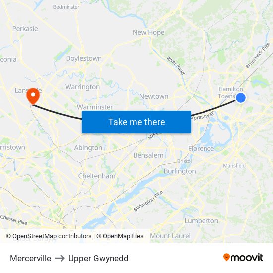 Mercerville to Upper Gwynedd map