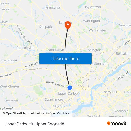 Upper Darby to Upper Gwynedd map