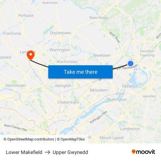 Lower Makefield to Upper Gwynedd map