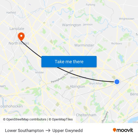 Lower Southampton to Upper Gwynedd map