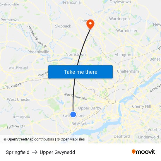 Springfield to Upper Gwynedd map