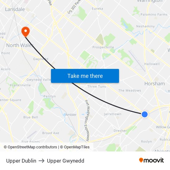 Upper Dublin to Upper Gwynedd map