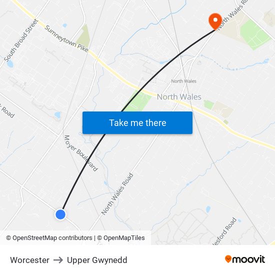 Worcester to Upper Gwynedd map