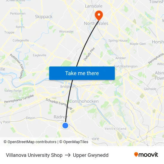 Villanova University Shop to Upper Gwynedd map