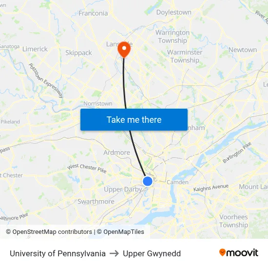 University of Pennsylvania to Upper Gwynedd map