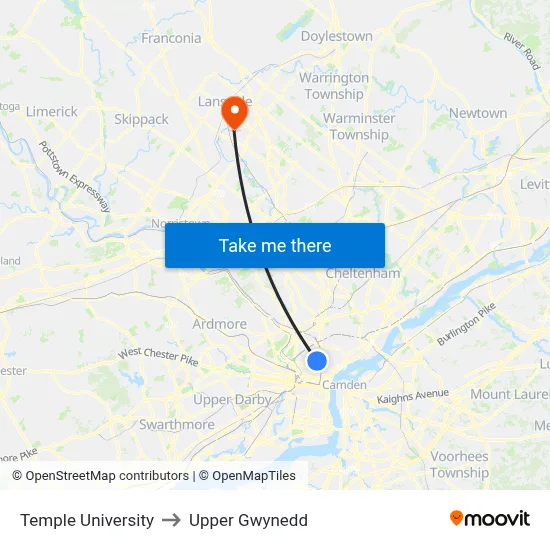 Temple University to Upper Gwynedd map