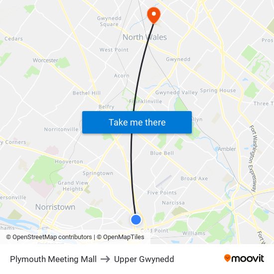 Plymouth Meeting Mall to Upper Gwynedd map