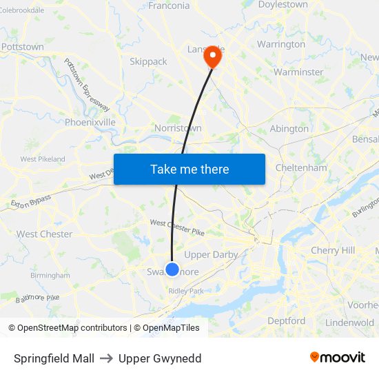 Springfield Mall to Upper Gwynedd map
