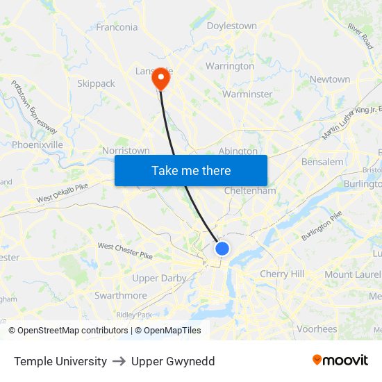 Temple University to Upper Gwynedd map