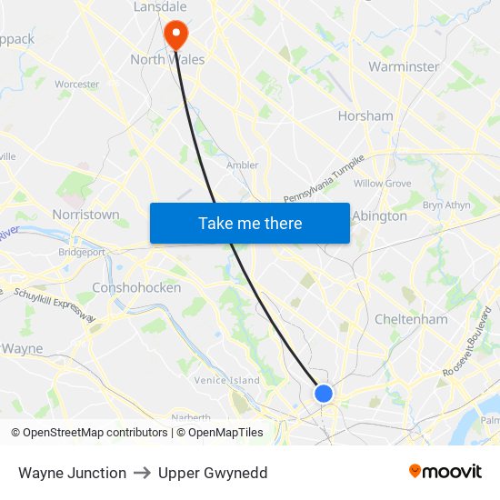 Wayne Junction to Upper Gwynedd map