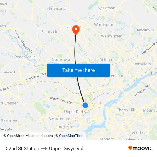 52nd St Station to Upper Gwynedd map