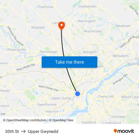 30th St to Upper Gwynedd map