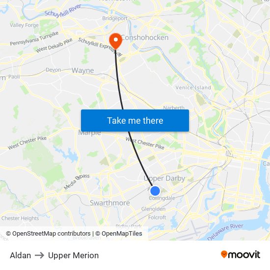 Aldan to Upper Merion map