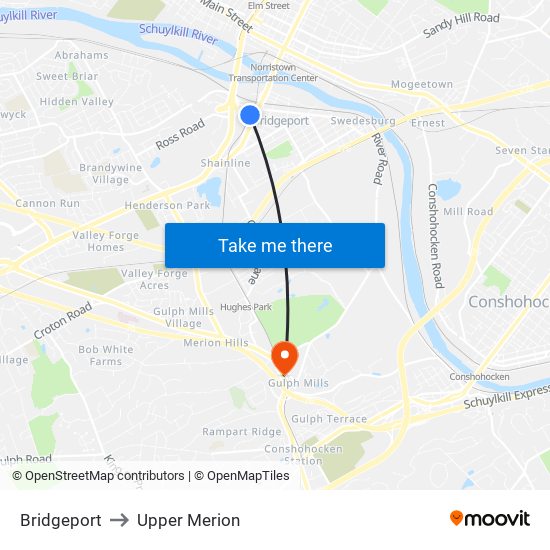 Bridgeport to Upper Merion map