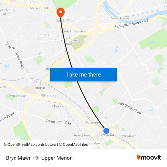 Bryn Mawr to Upper Merion map