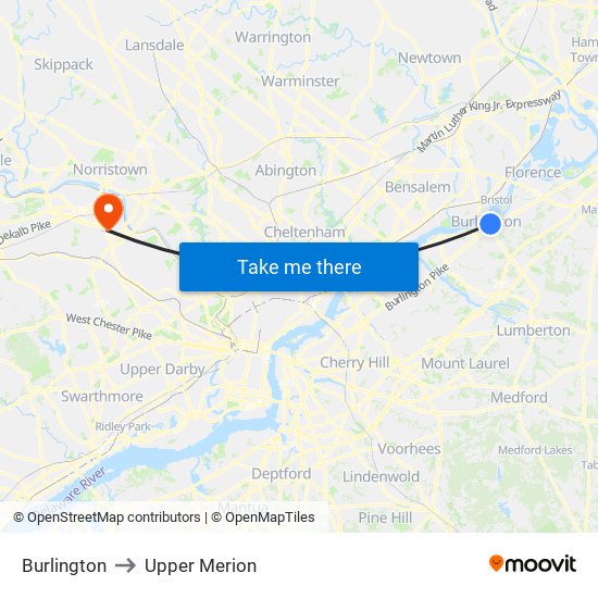 Burlington to Upper Merion map