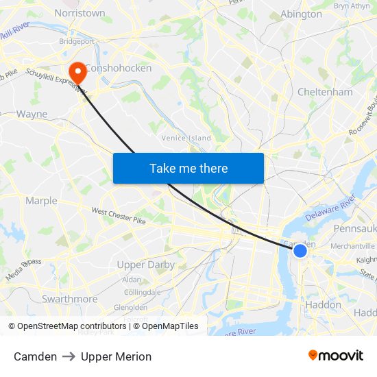 Camden to Upper Merion map