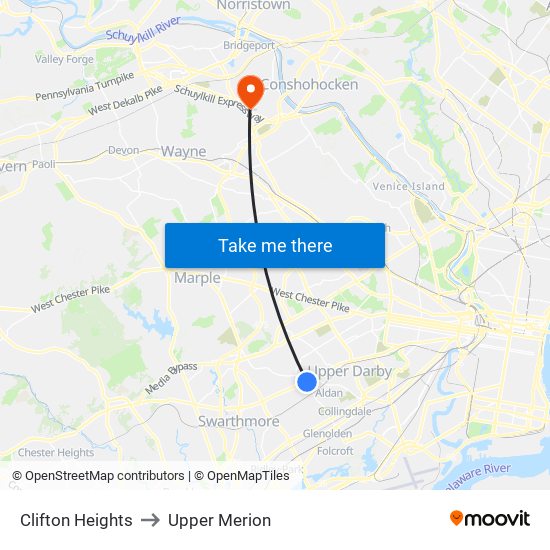 Clifton Heights to Upper Merion map