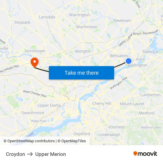 Croydon to Upper Merion map