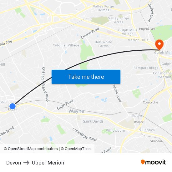 Devon to Upper Merion map