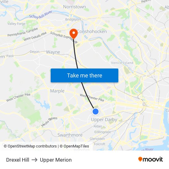 Drexel Hill to Upper Merion map