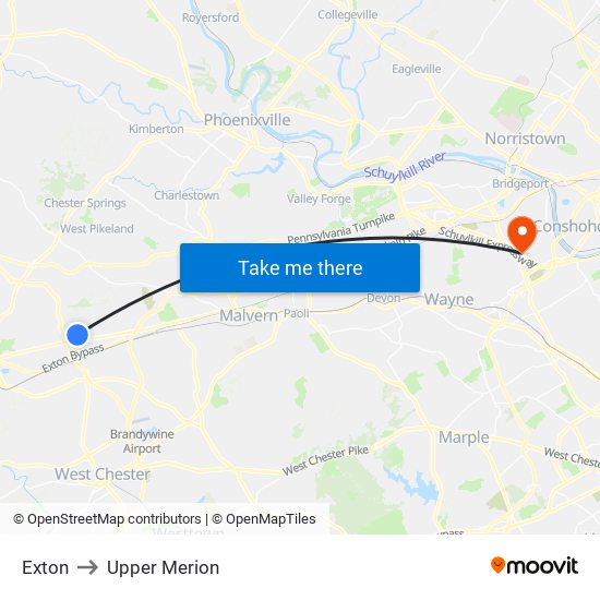Exton to Upper Merion map