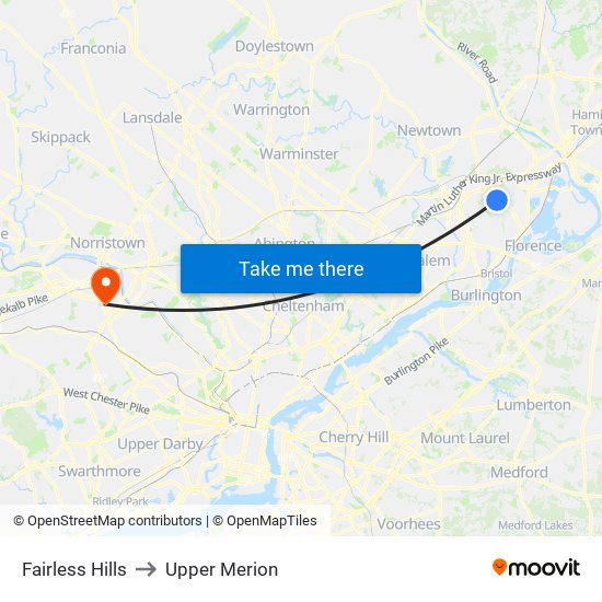 Fairless Hills to Upper Merion map