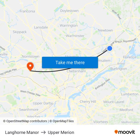 Langhorne Manor to Upper Merion map