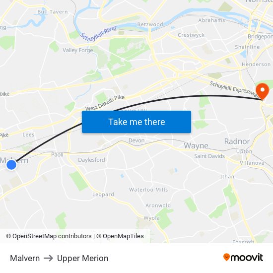 Malvern to Upper Merion map