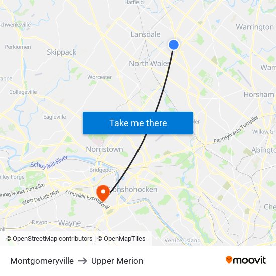 Montgomeryville to Upper Merion map