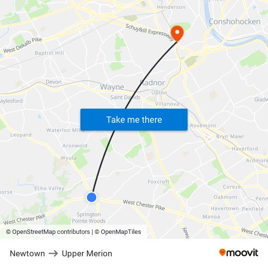 Newtown to Upper Merion map