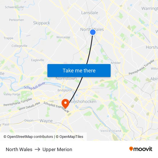 North Wales to Upper Merion map