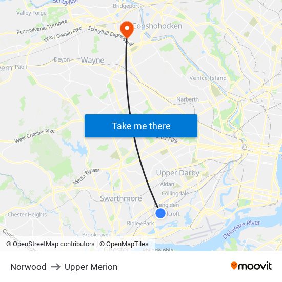 Norwood to Upper Merion map